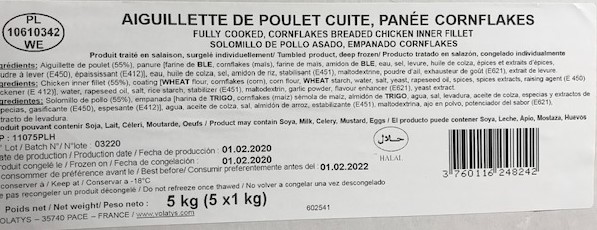 Aiguillette (Tender) de Poulet Pané au corn Flakes au Kg